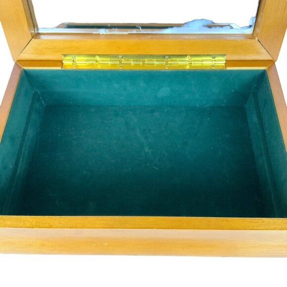 Blonde Wood Jewelry Box Burl Veneer Lid 2 Tiers Velvet Lining Mirror 1980s - Picture 5 of 10